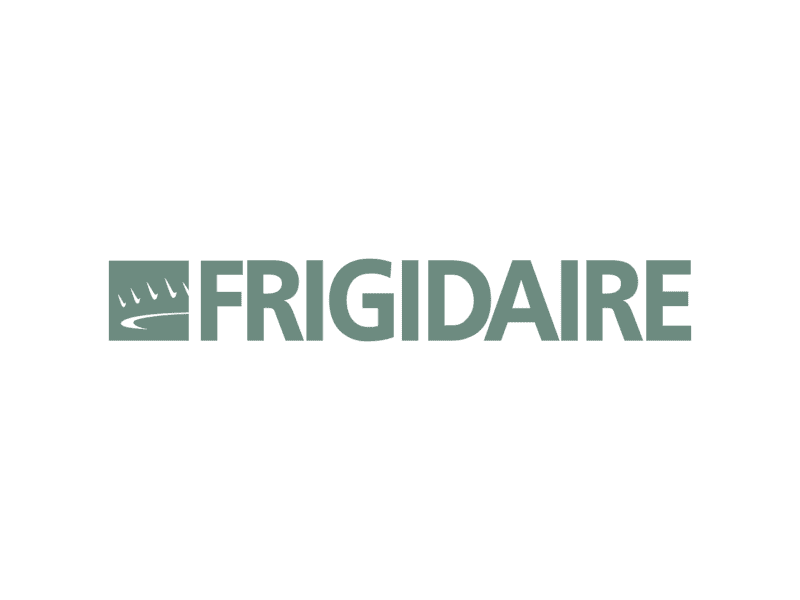 Frigidaire logo featuring the brand name in bold, uppercase letters with a stylized leaf and swoosh icon to the left, all in a muted green color on a light gray background.