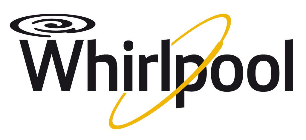 The Whirlpool logo features the word "Whirlpool" in bold black letters, with a yellow curved ring encircling part of the text and a spiral symbol above the "W.